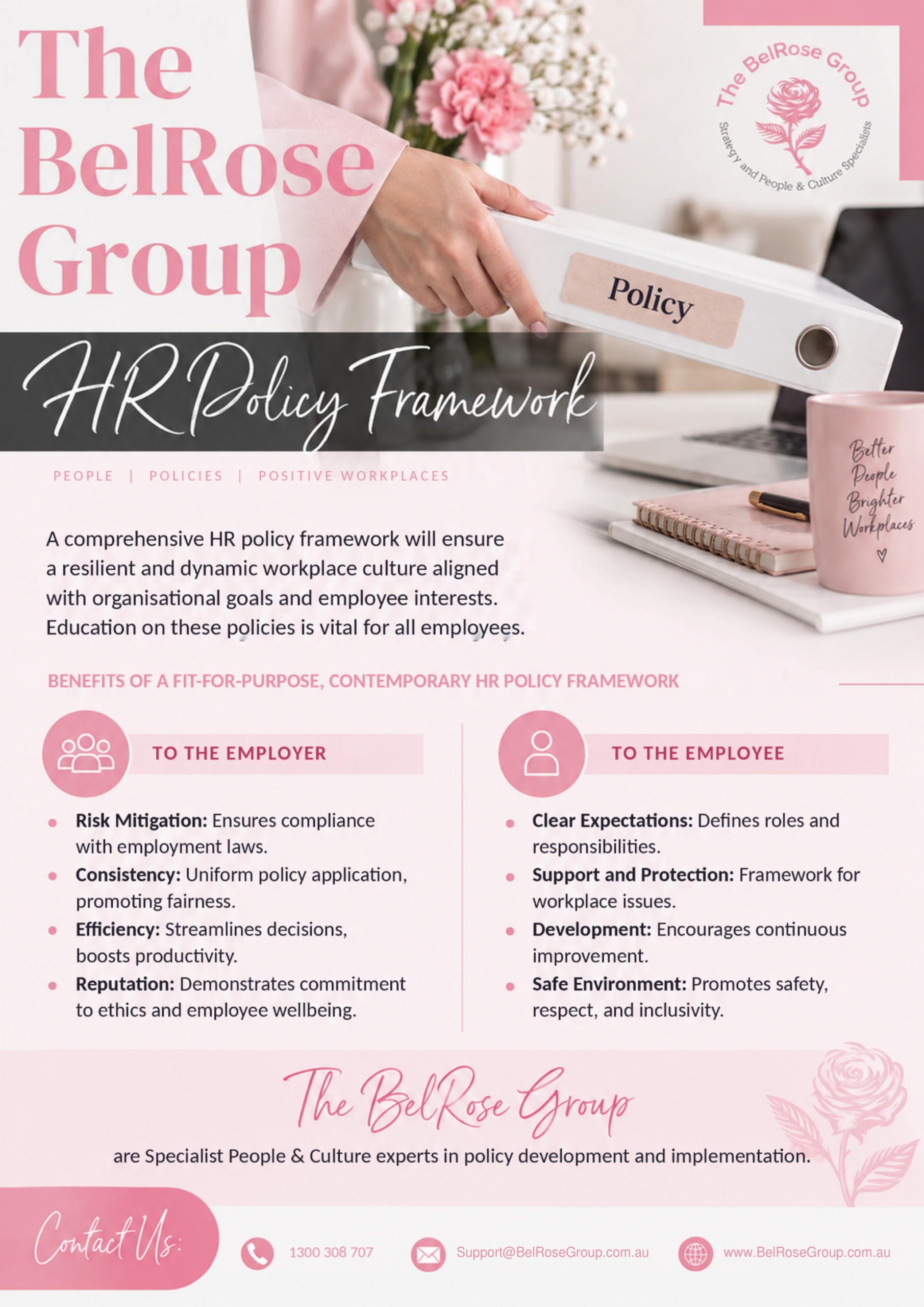 HR Policy Framework flyer from The BelRose Group. A complete text version is linked alongside this image.