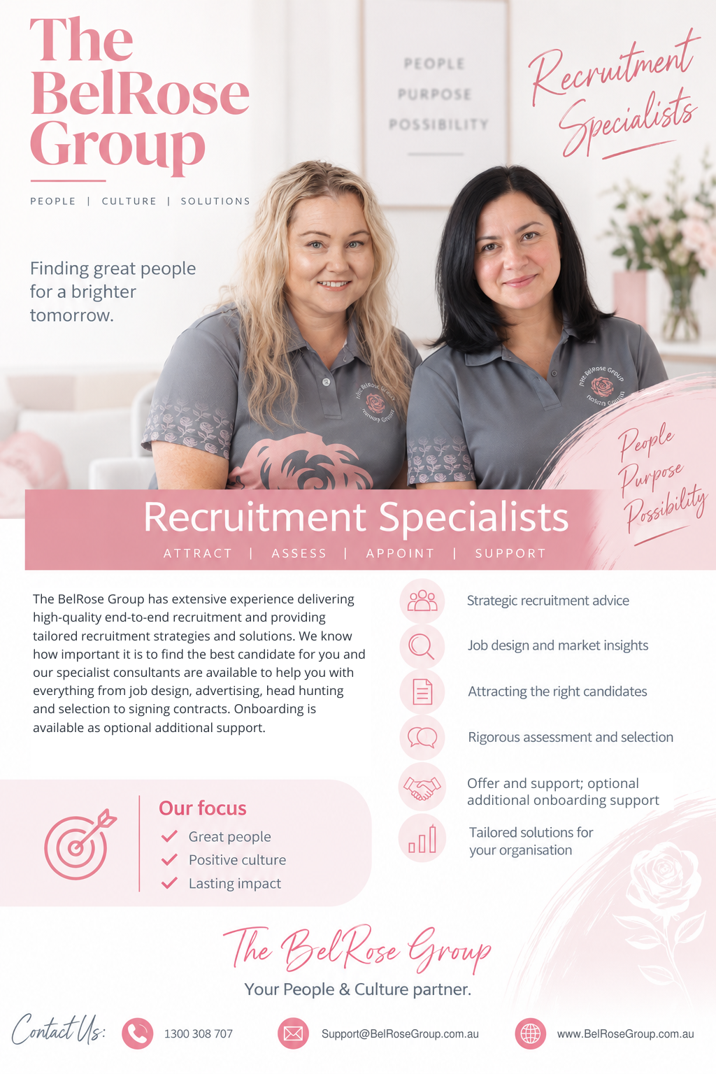Recruitment Specialists flyer from The BelRose Group, with onboarding available as optional additional support. A complete text version is linked alongside this image.