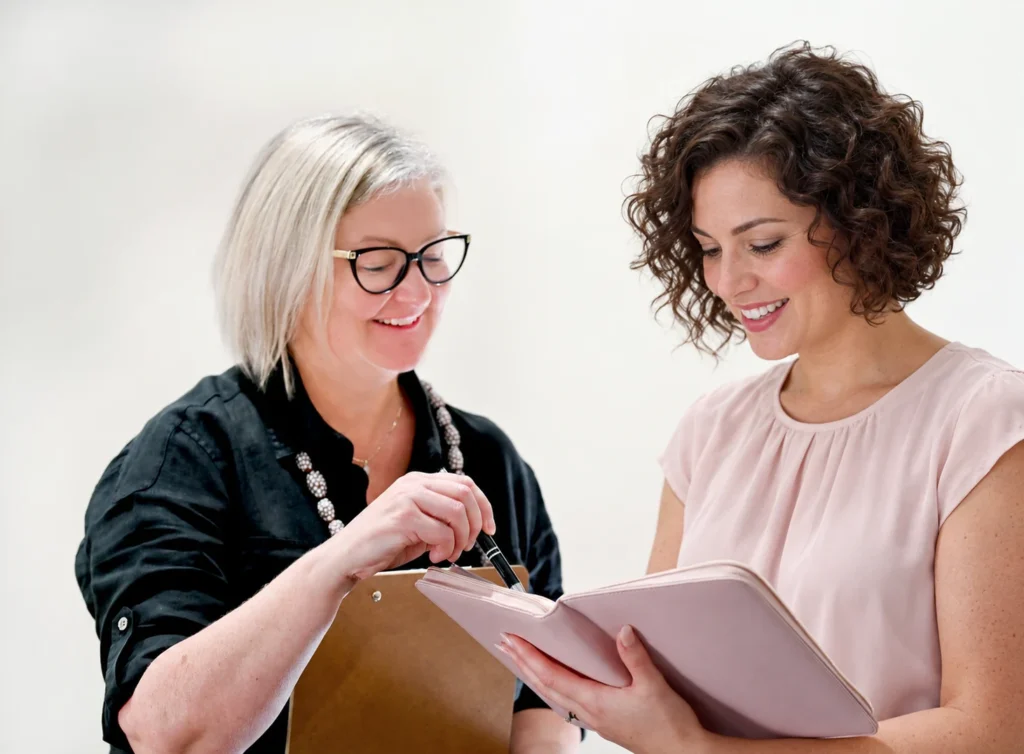 Two people reviewing notes together — AI-edited illustrative photograph